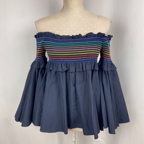 Petersyn Ruffled Blouse Off the‎ Shoulder Top Size XS Navy Blue Rainbow Stripe - Picture 1 of 8